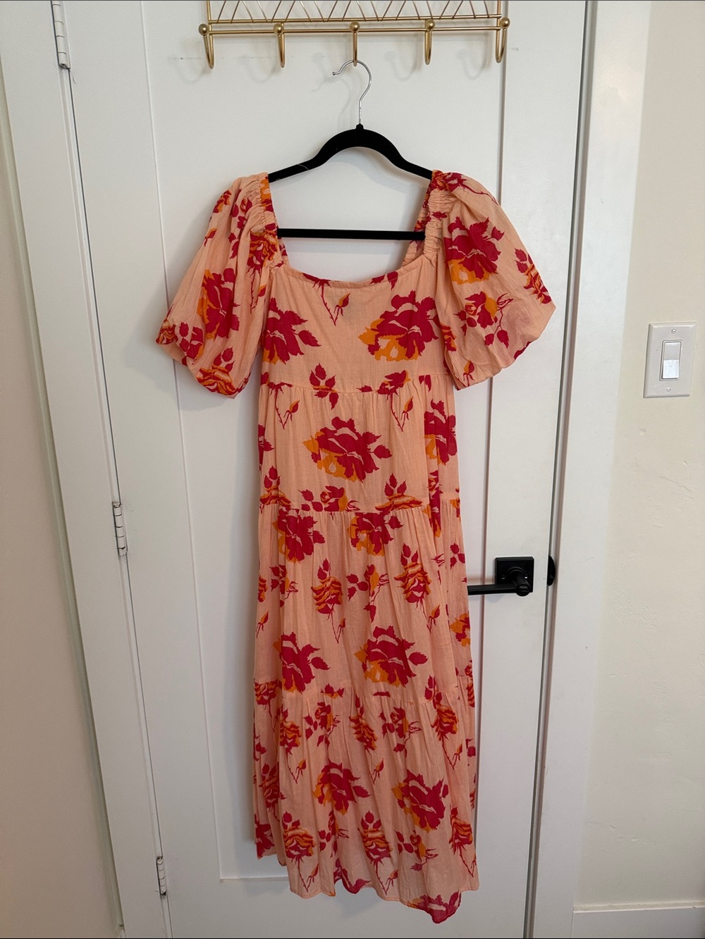 Midi Dress in Peach with Red Floral Print